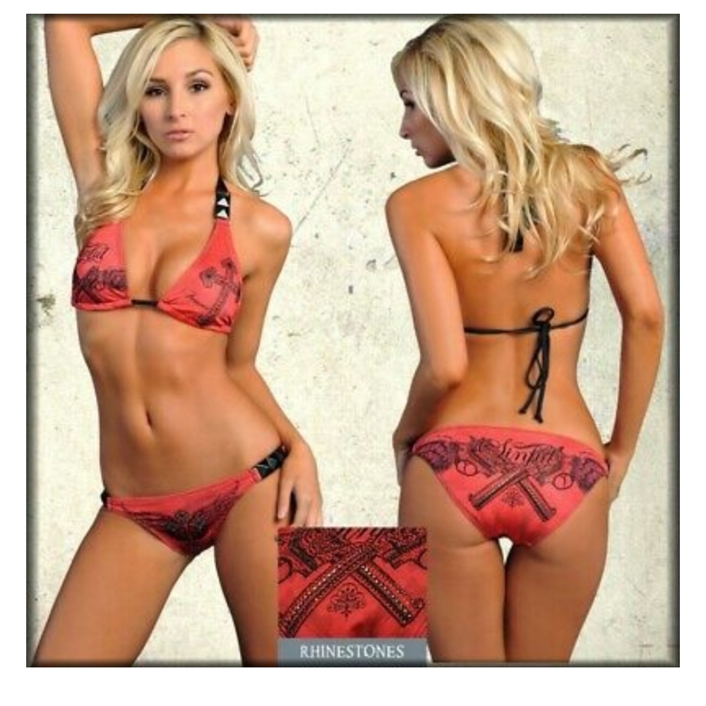 Sinful red and black rhinestone sinful bikini